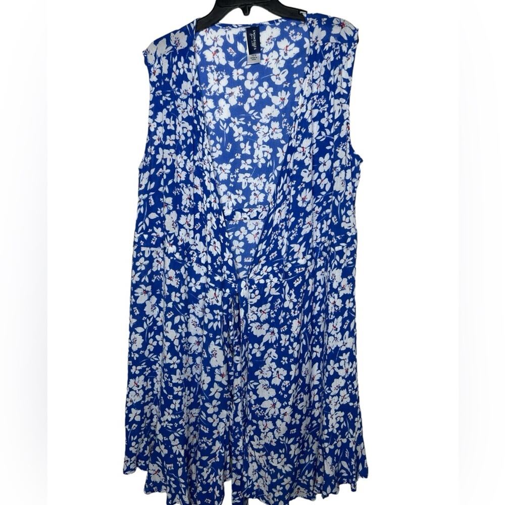 Swimsuits For All Coverup Dress Blue White Floral Sleeveless Tunic Plus 14/16